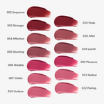 Swatch chart of Muzigae Mansion Objet Liquid Lip Tint shades.