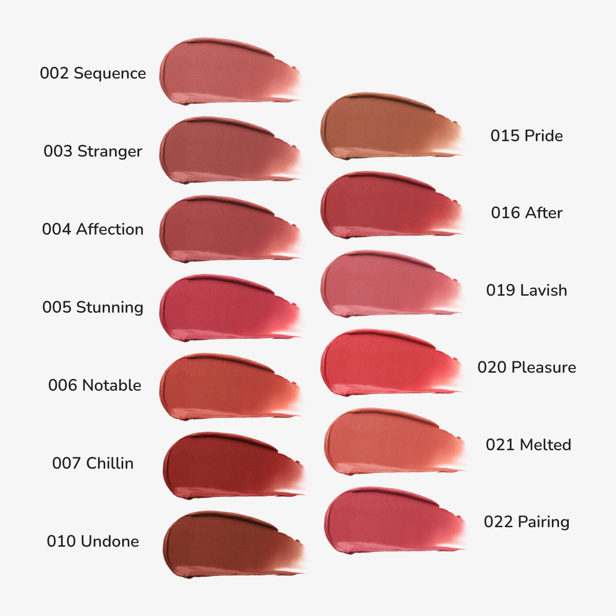 Collection of Muzigae Mansion Objet Liquid swatches with corresponding names on a white background