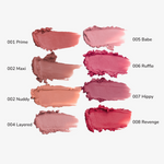Swatch chart of Muzigae Mansion Moodwear Blur Lipstick shades.