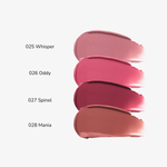 Swatch chart of Muzigae Mansion Objet Liquid Lip Tint shades, featuring 027 Spinel alongside complementary shades